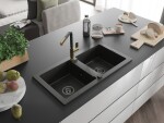 MEXEN/S MEXEN/S - Mario granitový drez 2-bowl vrátane batérie Flora, čierna/zlatá metalik 6504-75-670401-57-B