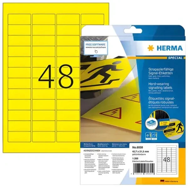 Herma signálne etikety A4 45,7x21,2 mm žltá / Fólie / vodeodolné / laser / 1200 ks (8030)