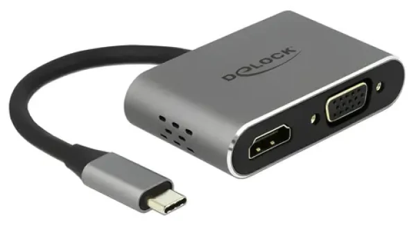 DeLock USB-C hub HDMI a VGA s PD sivá / USB hub / HDMI 1.4 / VGA / USB 3.2 Gen 1 / PD 87 W (64074)