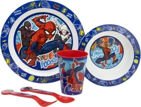 STOR Detská jedálenská sada Spiderman 5 dielov / Detský riad / Tanier, miska, príbory, kelímok / Bez BPA (83550)