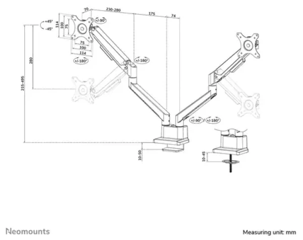 Neomounts DS70-250BL2 čierna / Stolný držiak pre 2 monitory / 17-32" / VESA 75x75-100x100 / nosnosť 9 kg (DS70-250BL2)