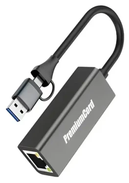 PremiumCord adaptér USB-C a USB-A na Gigabit RJ45 čierna / Adaptér / 10/100/1000 Mbit / 15 cm / hliníkové púzdro (8592220027773)