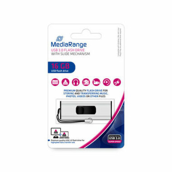 MediaRange MR915 USB-Stick 16GB strieborná / USB 3.0 Type A / Rýchlosť čítania 50 MB/s / Rýchlosť zápisu 15 MB/s / Hliník (MR915)