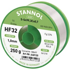 Stannol HF32 3500 spájkovací cín bez olova cievka Sn99,3Cu0,7 REL0 250 g 1 mm; 648107