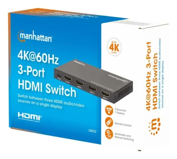 Manhattan HDMI Switch 3 vstupy / HDMI prepínač / 4K 60Hz / HDCP 2.2 / Dolby Vision, Atmos / kovové telo (208222)