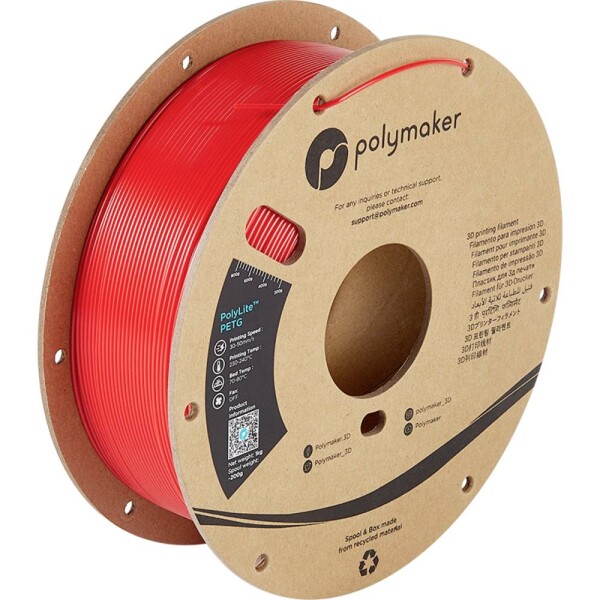 Polymaker PB01017 PolyLite vlákno pre 3D tlačiarne PETG plast Žiaruvzdorné, Vysoká pevnosť v ťahu 2.85 mm 1000 g červená 1 ks; PB01017