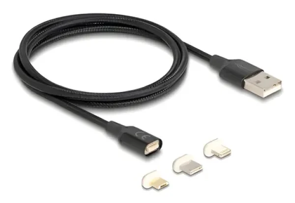DeLock Magnetický USB kábel 3v1 čierna / Nabíjací kábel / Lightning, Micro-USB, USB-C adaptér / magnetický konektor / 1 m (88165)