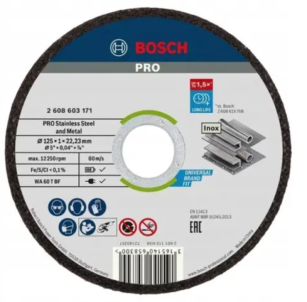 BOSCH PRO / Rezný kotúč na nerez a kov / 125 mm / Otvor 22,23 mm / WA 60 T BF / 100 ks (2608626113)