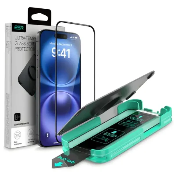 ESR Armorite čierna / Ochranné sklo / Apple iPhone 16 / s inštalačným rámčekom a aplikátorom (1D74100201)