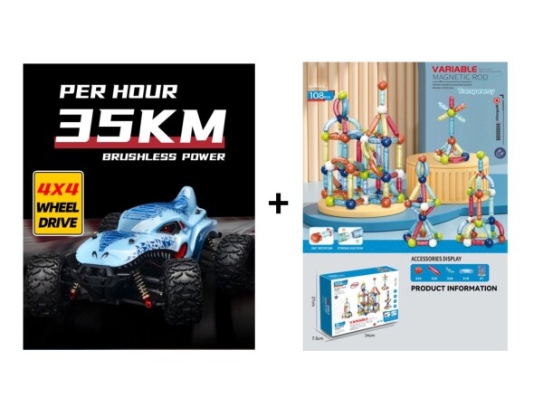 Mamido Mamido Výhodná sada RC Monster Truck 1:16 Max 35 km/h 4x4 + Magnetická stavebnica Variable 108 dielikov