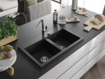 MEXEN MEXEN - Hektor granitový drez 2-bowl 800 x 480 mm, čierna, sifón chróm 6521802000-77
