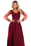 640-1 LORETTA jedinečné dlhé šaty s tylovými rukávmi a výstrihom - bordové XXL
