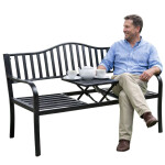 Mamido Záhradná kovová lavica pre 3 osoby s výsuvným stolíkom čierna