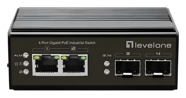 LevelOne Industriálny PoE+ switch 2x GE PoE/2x SFP 180W / Switch / Priemyselný / Neriadený / DIN lišta (IGP-0431)