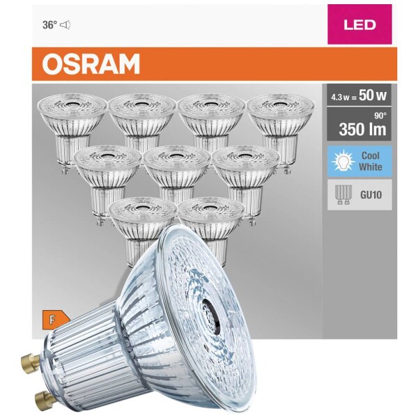 OSRAM HOMELIGHTING 4058075036703 LED En.trieda 2021 F (A - G) GU10 klasická žiarovka 4.3 W = 50 W neutrálna biela (Ø x v) 50 mm x 50 mm 10 ks; 4058075036703