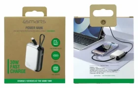 4smarts Pocket 10000mAh strieborná / Powerbanka / 30W / vstavaný USB-C kábel 15cm / displej (541085)