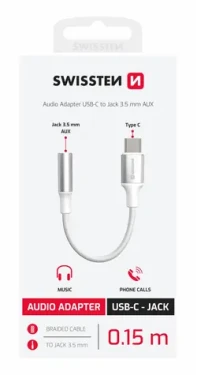 Swissten TEXTILE Audio adaptér USB-C (M) - 3.5mm Jack 0.15m biela (73502312)