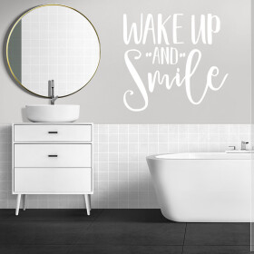 Veselá Stena Samolepka Nápis Wake up and Smile Farba: bílá, Veľkosť: 40 x 37 cm