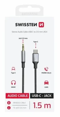 Swissten TEXTILE Audio adaptér USB-C (M) - 3.5mm Jack 1.5m čierna (73502309)