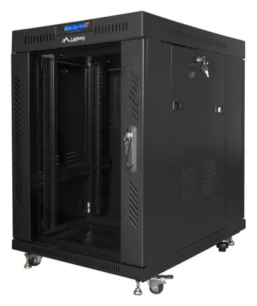 Lanberg FF01 15U 19" čierny / Stojanový rozvádzač / 600×800 mm / Sklenené dvere / LCD panel / Nosnosť 1200 kg (FF01-6815-12BL)