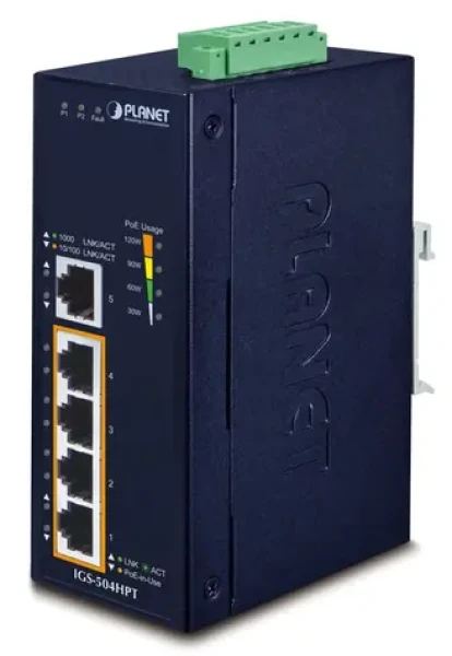 Planet IGS-504HPT / Switch priemyselný / 5x Gigabit RJ-45 / 4X PoE+ 802.3at / IP40 / -40 až 75 °C (IGS-504HPT)