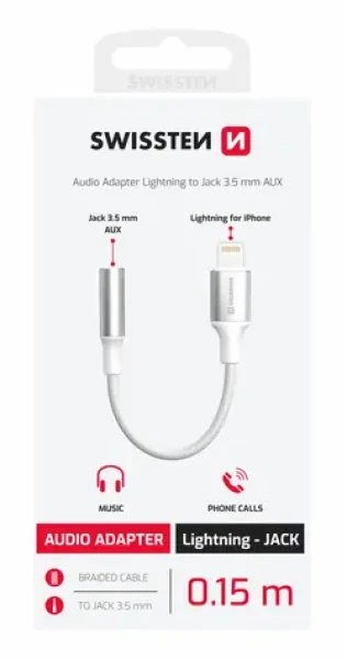 Swissten TEXTILE Audio adaptér Lightning - 3.5mm Jack 0.15m biela (73502314)