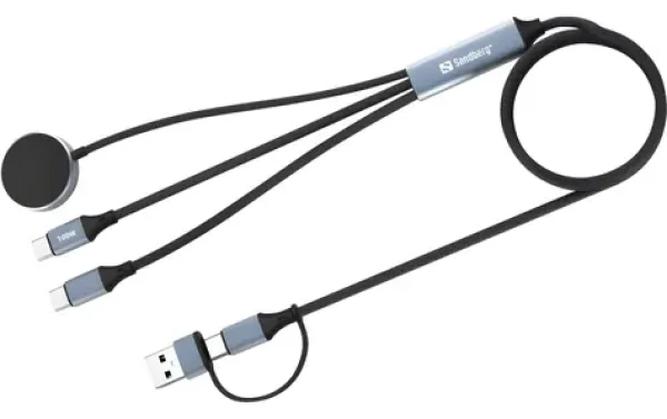 Sandberg 3v1 cestovný nabíjací kábel čierna / Nabíjací kábel / USB-C, USB-C, Apple Watch / 100 W / 1,2 m (441-69)