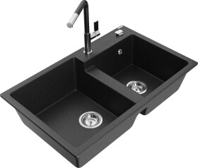 MEXEN/S MEXEN/S - Tomas granitový drez 2-bowl vrátane batérie Flora, čierna/srebrny metalik 6516-73-670401-07