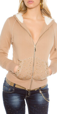 Sexy Hoody with studs and fur KHAKI