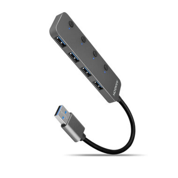 AXAGON HUE-MSA USB 3.2 switch húb čierna / 4x USB 3.2 / funkcia prídavného nabíjania / tlačidla na vypnutie portu / 20 cm (HUE-MSA)