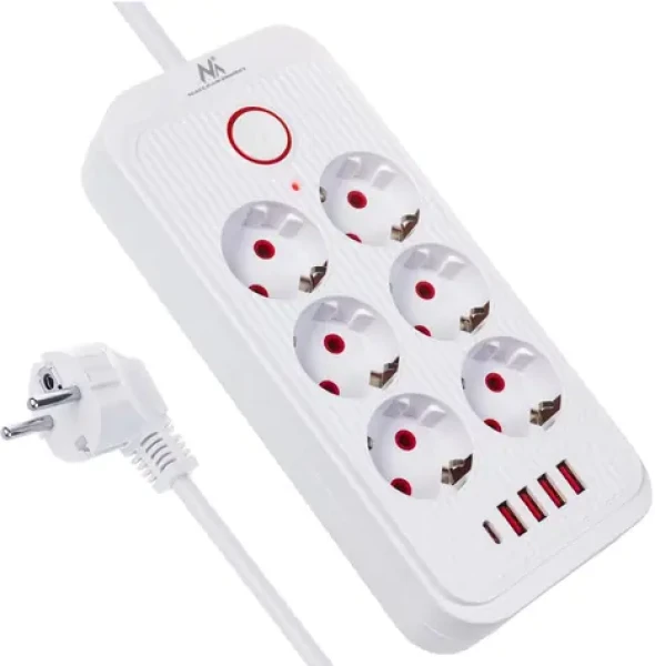 Maclean MCE389 biela / Predlžovací prívod / 6x zásuvka / 4X USB-A / 1x USB-C / 2500 W / 1,5 m (MCE389)