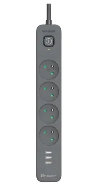 Tracer Power Line+ grafitová / Prepäťová ochrana / 4 zásuvky / USB-A / 1,5 m (TRALIS47027)