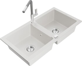 MEXEN/S MEXEN/S - Mario granitový drez 2-bowl vrátane batérie Flora, biela 6504-20-670401-06