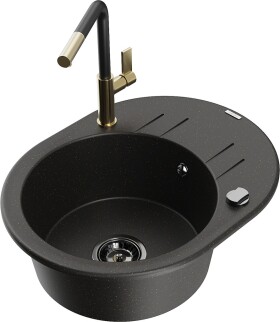 MEXEN/S MEXEN/S - Kevin granitový drez 1-miska s odkvapkávačom vrátane batérie Flora, čierna/zlatá metalik 6517-75-670401-57-B