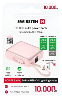 Swissten Space 10000 mAh ružová / Powerbanka s integrovanými káblami / USB-C + Lightning