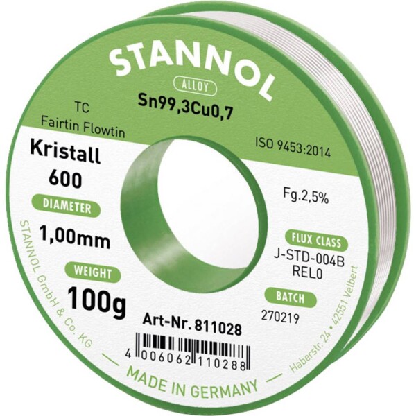 Stannol Kristall 600 Fairtin spájkovací cín bez olova bez olova Sn99,3Cu0,7 REL0 100 g 1 mm; 811028