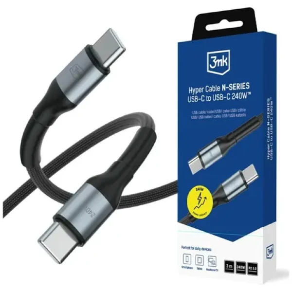 3mk Hyper kábel N-SERIES USB-C na USB-C 3M 48V/5A 240W čierna / Dátový kábel / PD 3.0 / QC 3.0 (5903108758215)