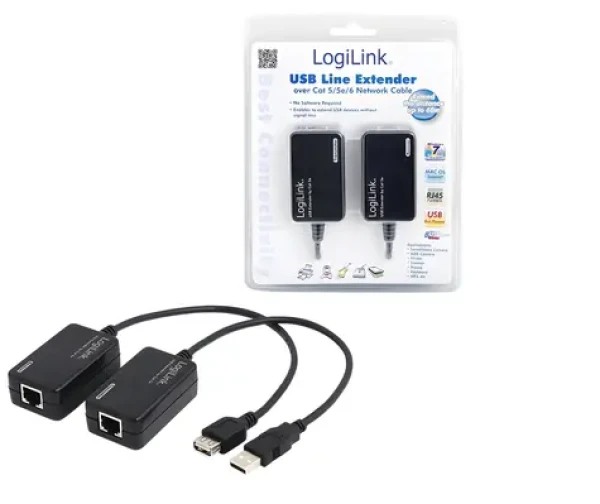LogiLink USB extender 60 m čierna / Predlžovač signálu USB / cez RJ45 / bez ovládačov (UA0021D)