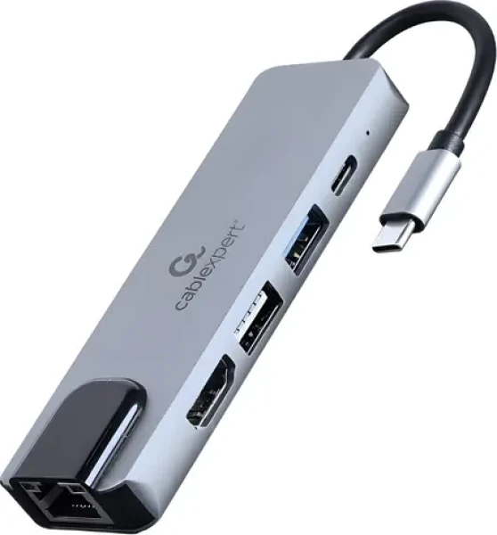 Gembird A-CM-COMBO5-04 strieborná / Hub 5v1 / HDMI 4K/30Hz / USB-A / RJ45 / USB-C PD 87W (A-CM-COMBO5-04)