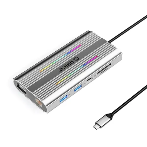 Orico USB-C Hub 12v1 RGB strieborná / Dokovacia stanica / 3x USB-A / USB-C PD 100W / HDMI 4K / VGA / RJ45 Gigabit (ORICO-XDR-X2-SV-BP)