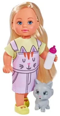 Simba Bábika Evička v mačacích šatách /12 cm/ s mačičkou a fľaštičkou na pitie