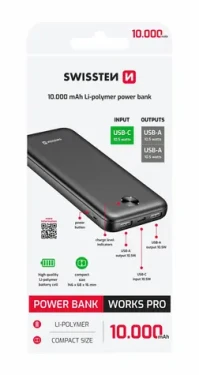 Swissten WORX PRE čierna / Powerbanka / 10000mAh / 2x USB-A + 1x USB-C (22013949)
