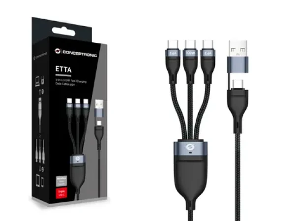 Conceptronic kábel USB-C a USB-A na 3x USB-C čierna / Kábel / USB 2.0 / 1,5 m / 100 W PD (ETTA06B15C)