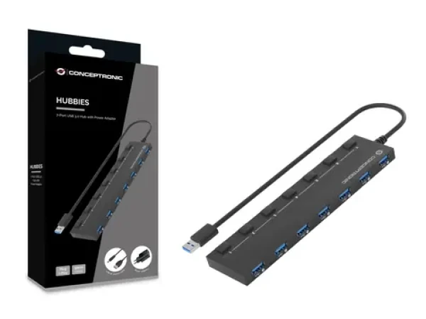 Conceptronic USB hub 7 portov čierna / USB hub / 7x USB-A 3.2 Gen1 / 5 Gbit / s / Napájací adaptér (HUBBIES19BP)