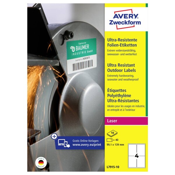 Avery-Zweckform L7915-10 99.1 x 139 mm polyethilenová fólie biela 40 ks trvalé Fóliové etikety laser, kópie; L7915-10