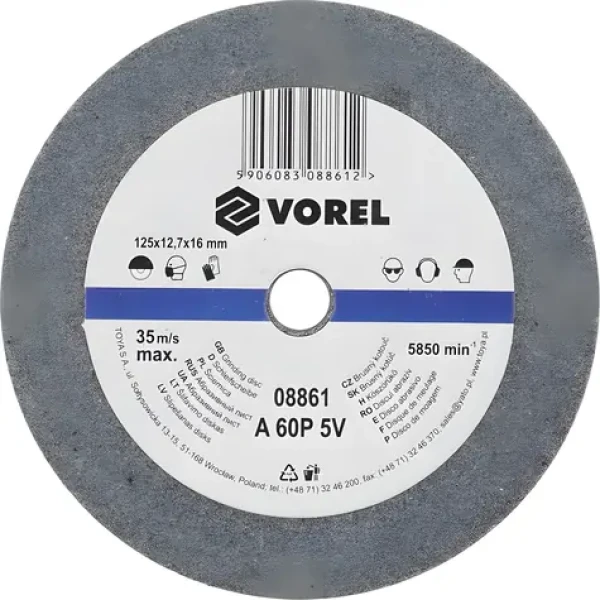 Vorel Brúsny kotúč 125x12,7x16 mm jemný / Brúsny kotúč / Do stolnej brúsky / Jemná zrnitosť