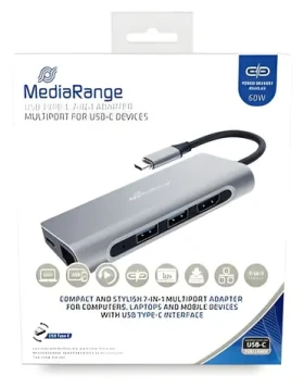 MediaRange USB-C strieborná / Dokovacia stanica / HDMI / USB 3.2 / RJ-45 / PD 60W / čítačka kariet SD (MRCS510)