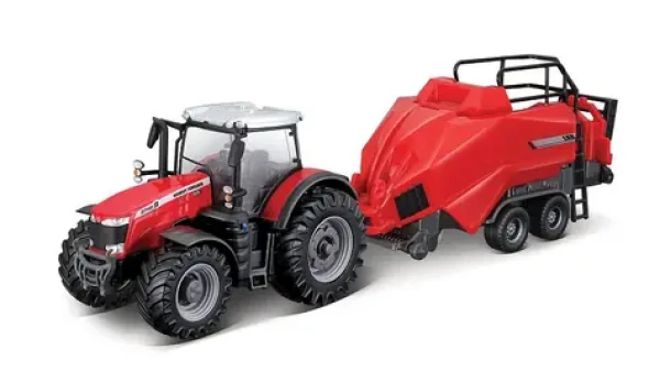Bburago FARMLAND Traktor Massey Ferguson 8740S s balíkovačkou