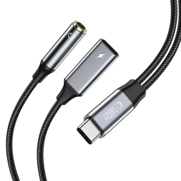 Tech-Protect UltraBoost čierna / Adaptér / USB-C - 3,5 mm jack + USB-C / PD 60W 6A