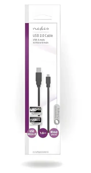 Nedis USB 2.0 kábel čierna / Kábel USB / USB-A - Micro-B / 480 Mbps / 1 m / Plochý (CCGP60410BK10)
